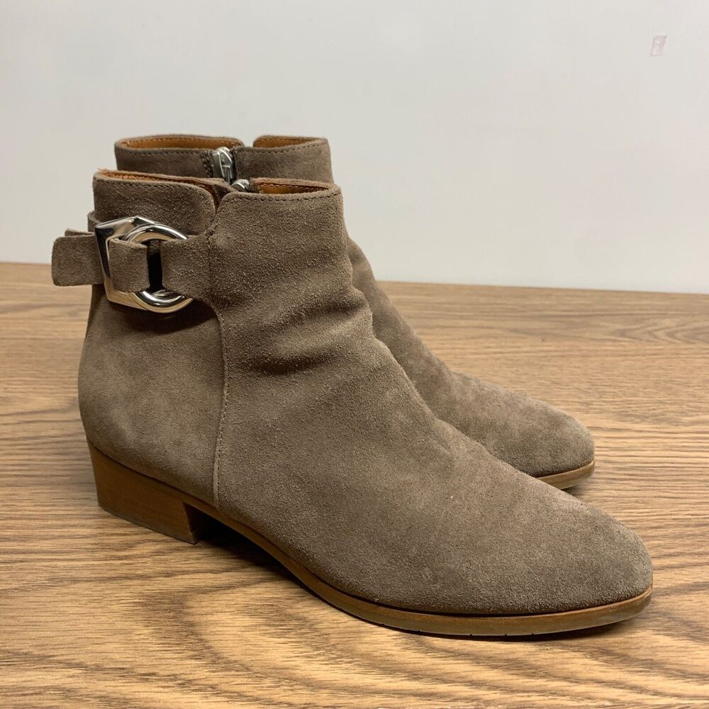 Aquatalia Faria Booties Taupe Brown Size 7.5 Suede Ankle Boots Buckle Italy - Picture 1 of 13